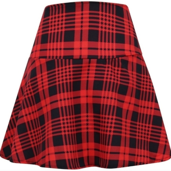 Red Plaid Skirt with Gold Button Accents - Picture 2 of 5